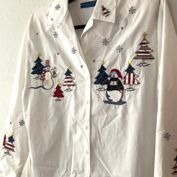 VINTAGE KAREN SCOTT EMBROIDERED CHRISTMAS BUTTON DOWN SHIRT - Picture 6 of 16